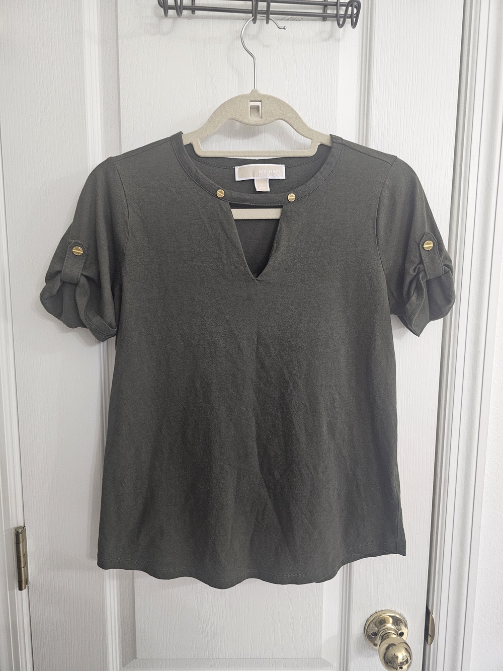 Michael Kors Olive Short Sleeve Split-Neck Top with Gold Buttons